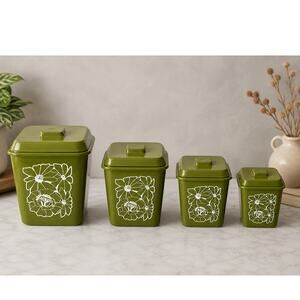 Vintage 70s Avocado Green Daisy Nesting Canister Set 4 Plastic Kitchen